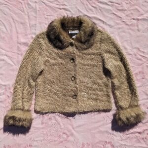 Vintage Y2K Faux Fur Collar Cardigan Sweater S Fuzzy Eyelash Knit Penny Lane 90s